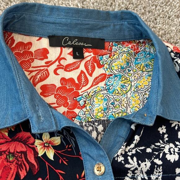 EUC Caleoas Mixed Media‎ Patchwork Drapey Button Down Top Blouse Large L Boho - Picture 11 of 16